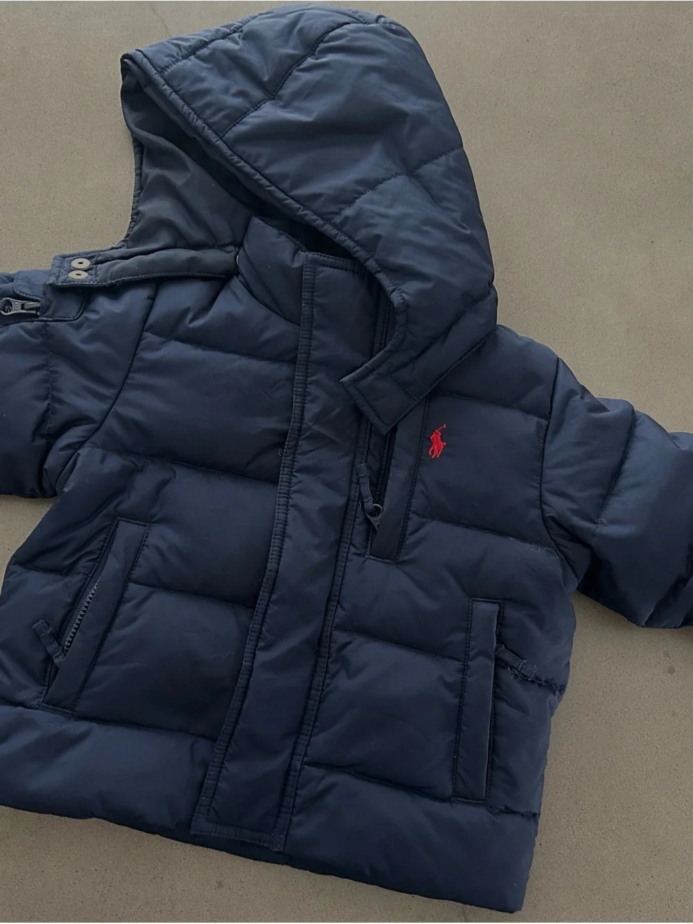 12M Polo Ralph Lauren Navy Puffer Jacket with Red Pony detachable hood EUC